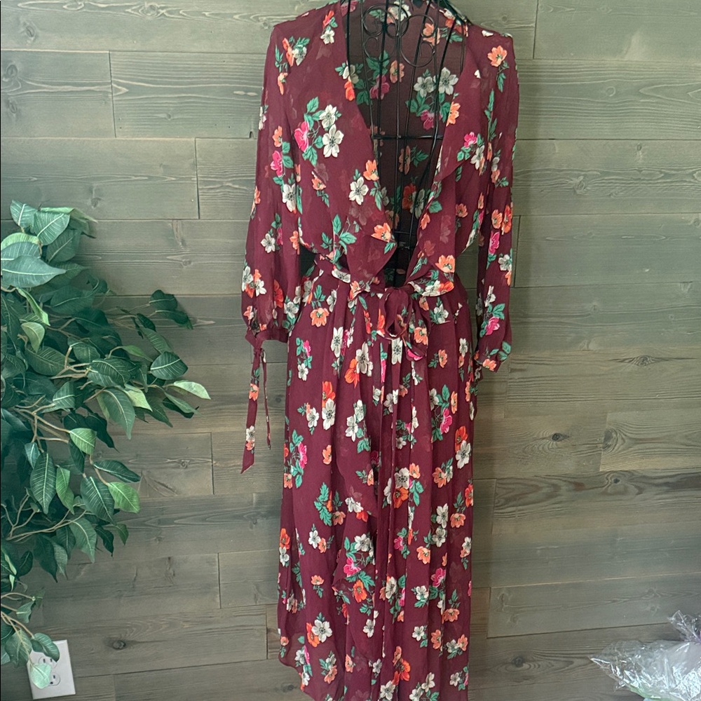Maje burgundy floral long sleeve robe/dress